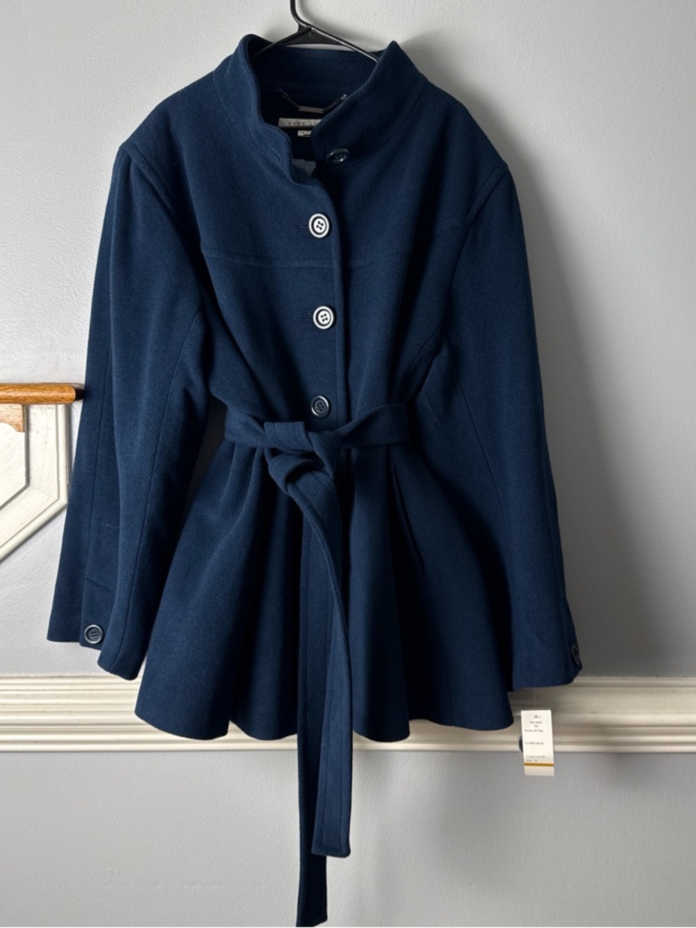 Larry Levine Navy Belted Peacoat with Stand Collar